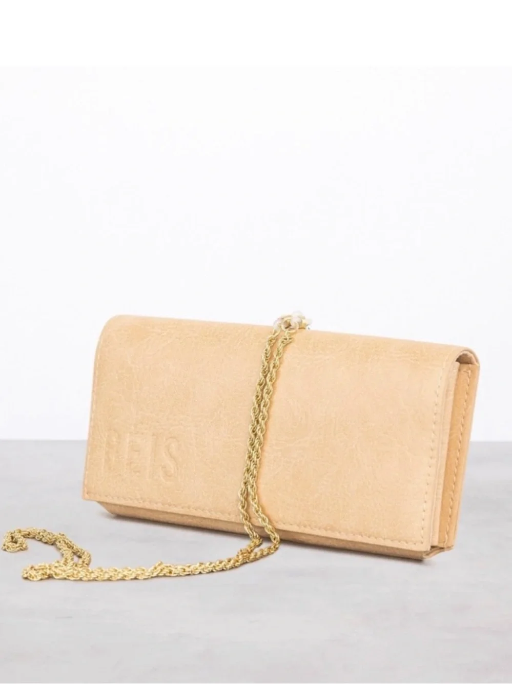 BEIS Beige sunglasses case with gold chain strap